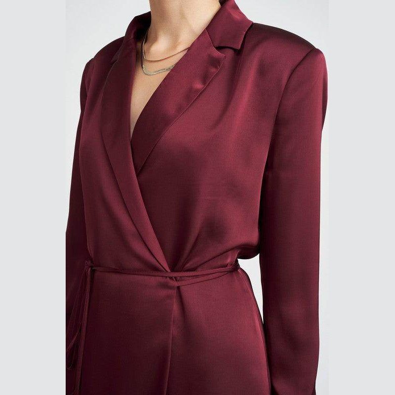 Burgundy Emory Park drawstring mini dress with a sleek wrap design and elegant collar
