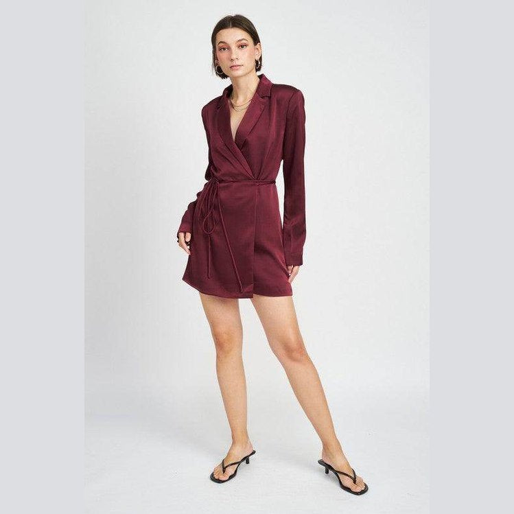 Emory Park burgundy drawstring mini dress with long sleeves and a stylish wrap design