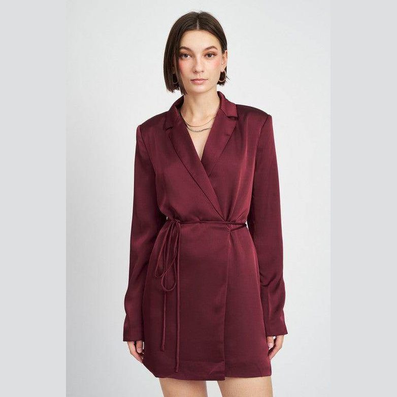 Emory Park drawstring mini dress in burgundy with long sleeves and stylish collar design