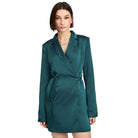 Emory Park teal drawstring mini dress with a stylish lapel collar and long sleeves