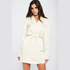 Emory Park drawstring mini dress in cream with a wrap design and long sleeves