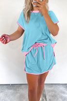 YNIQUE blue and pink drop shoulder casual summer set with drawstring shorts and short sleeves