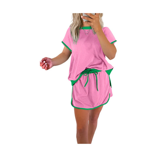 YNIQUE drop shoulder casual summer set in pink with green trim featuring a loose top and drawstring skirt