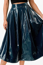 VacationGrabs flowy midi skirt with pockets in shiny dark blue material for women