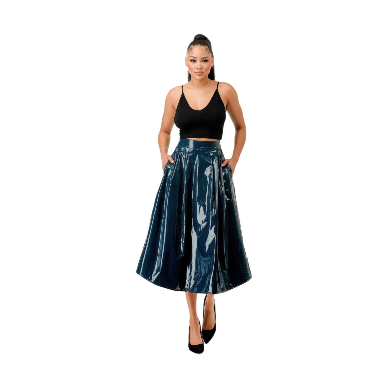 VacationGrabs flowy midi skirt with pockets in shiny navy worn with black crop top and heels