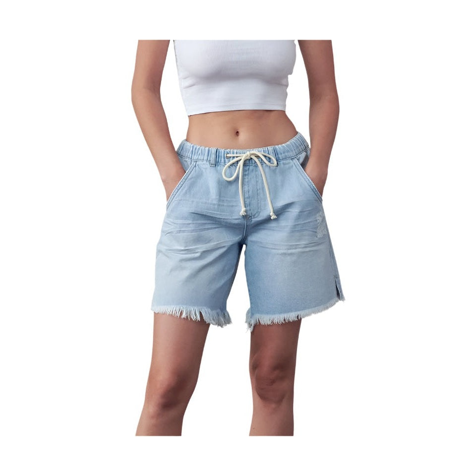 Denim Lab USA women's frayed hem drawstring jean shorts in light blue with pockets