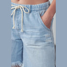 Denim Lab USA women's light wash frayed hem drawstring jean shorts with pockets
