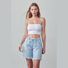 Denim Lab USA women's frayed hem drawstring jean shorts in light blue with distressed details