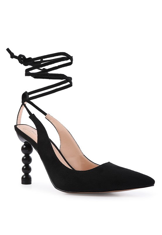 Black lace up cut out sandals for women with unique sculpted heel