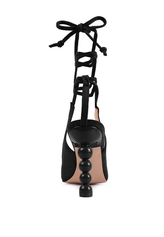 Black lace up cut out sandals for women with stylish heel design