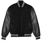 WEIV black letterman jacket for men with leather sleeves and striped ribbed collar