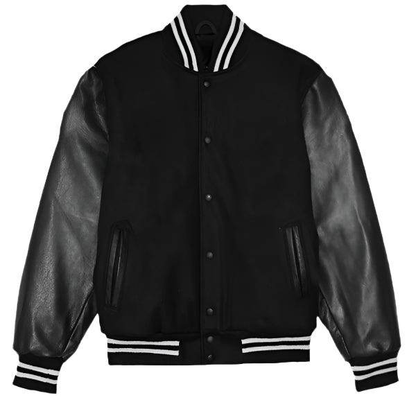 WEIV black letterman jacket for men with leather sleeves and striped ribbed collar