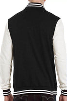 Stylish WEIV letterman jacket for men with a black body and white sleeves, designed for a modern look