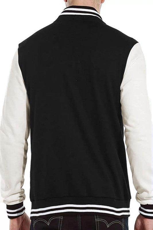 Stylish WEIV letterman jacket for men with a black body and white sleeves, designed for a modern look