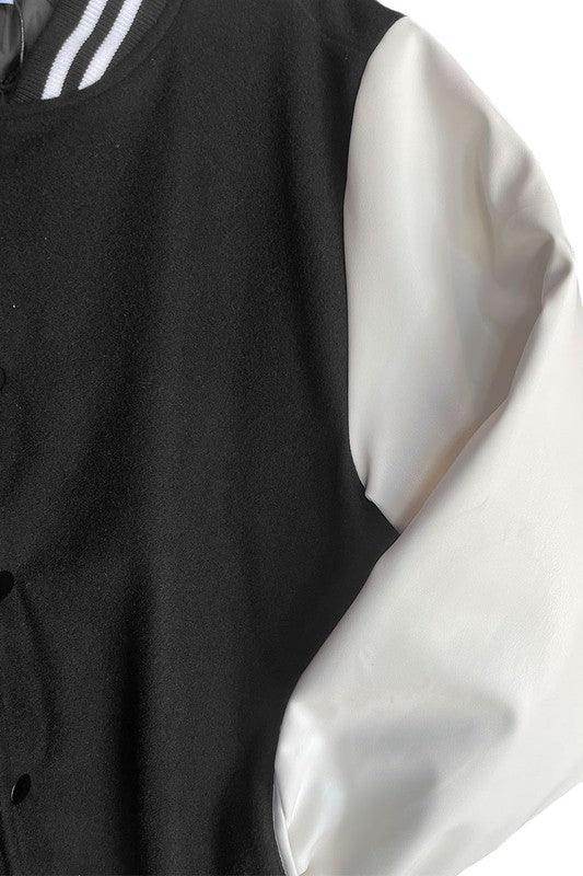 WEIV Letterman jacket for men with black body and white sleeves, perfect for casual outings