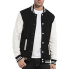 WEIV Men's Letterman Jacket for men in black and white with striped collar and button closure
