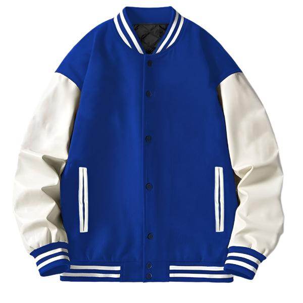 WEIV Blue Letterman Jacket for Men with White Sleeves and Classic Striped Details