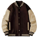 WEIV men's letterman jacket for men in dark brown and cream with striped cuffs and collar