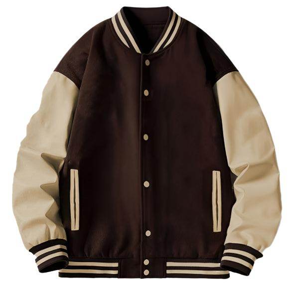 WEIV men's letterman jacket for men in dark brown and cream with striped cuffs and collar