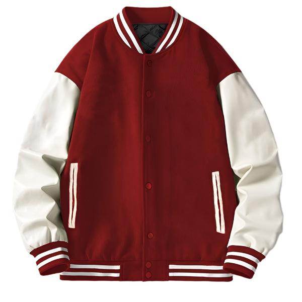 WEIV Men's Red Letterman Jacket for Men with White Sleeves and Striped Cuffs