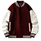 WEIV Men's Letterman Jacket for men in burgundy and white with sporty design and striped cuffs