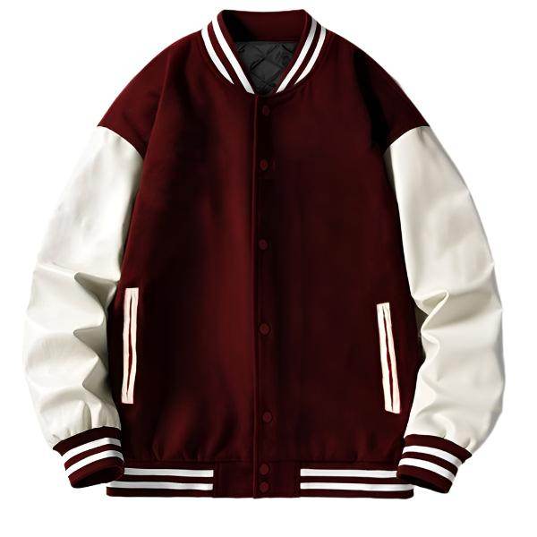 WEIV Men's Letterman Jacket for men in burgundy and white with sporty design and striped cuffs