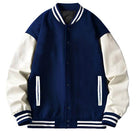 Stylish WEIV letterman jacket for men in navy with white sleeves and striped cuffs