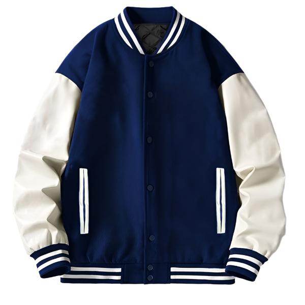 Stylish WEIV letterman jacket for men in navy with white sleeves and striped cuffs