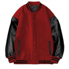 WEIV Red Letterman Jacket for Men with Black Leather Sleeves and Contrast Stripes