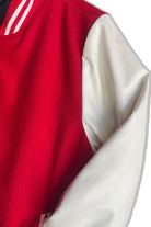 WEIV Red Letterman Jacket for Men with White Leather Sleeves and Ribbed Collar