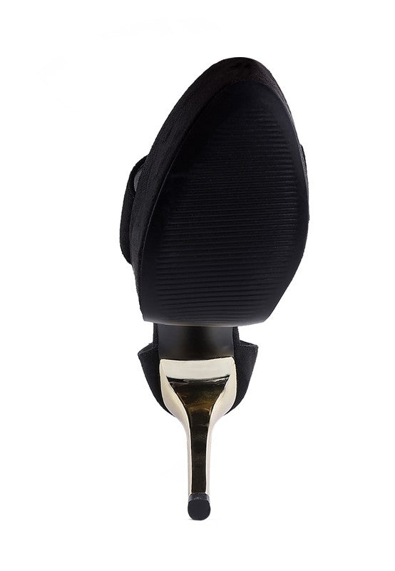 Women's black metal band high heeled sandals with a sleek design