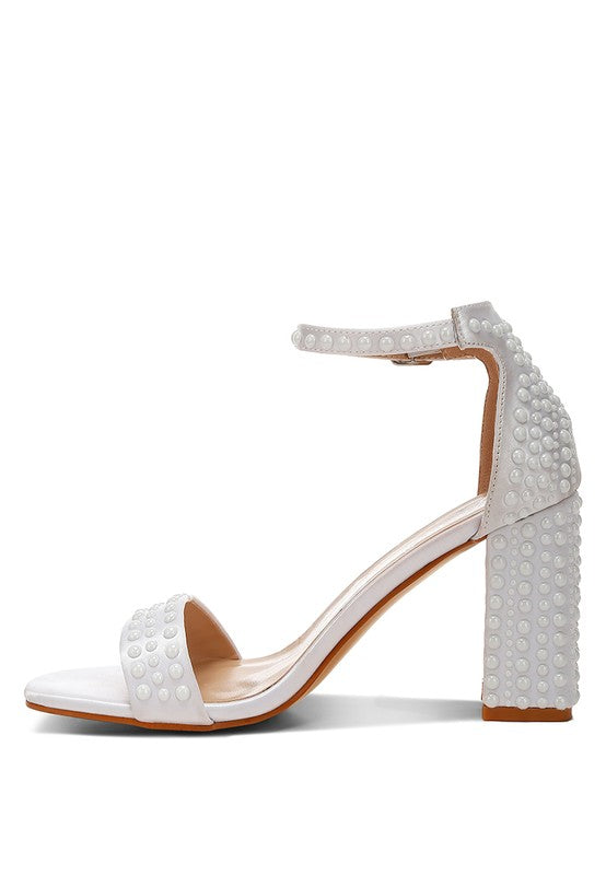 Women's pearl embellished satin sandals for evening events