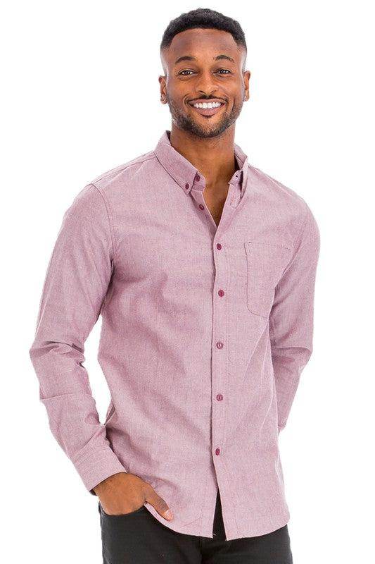 Men's WEIV pink business casual shirt with a button-up design and a chest pocket