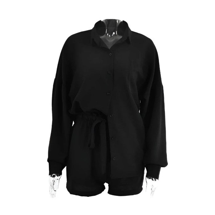 Miss Sparkling black relaxed fit button down shorts set with long sleeves and drawstring waist
