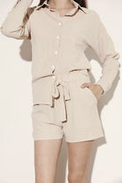 Miss Sparkling beige relaxed fit button down shorts set with long sleeves and drawstring waist