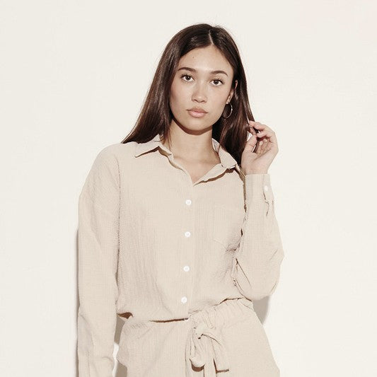 Miss Sparkling beige relaxed fit button down shorts set with long sleeve top and tie waist shorts