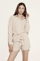 Miss Sparkling beige relaxed fit button down shorts set with long sleeve top and tie waist shorts