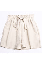 Miss Sparkling relaxed fit button down shorts set in beige with drawstring waist and textured fabric
