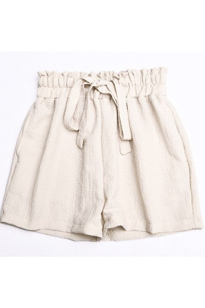 Miss Sparkling relaxed fit button down shorts set in beige with drawstring waist and textured fabric