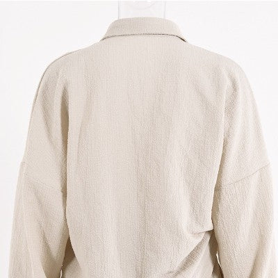 Miss Sparkling beige relaxed fit button down shorts set with long sleeves and collar shown from the back