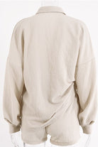 Miss Sparkling beige relaxed fit button down shorts set with long sleeves and collar shown from the back