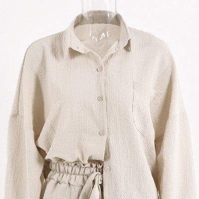 Miss Sparkling beige relaxed fit button down shorts set with long sleeve top and elastic waist shorts