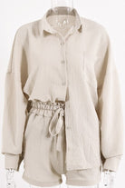 Miss Sparkling beige relaxed fit button down shorts set with long sleeve top and elastic waist shorts