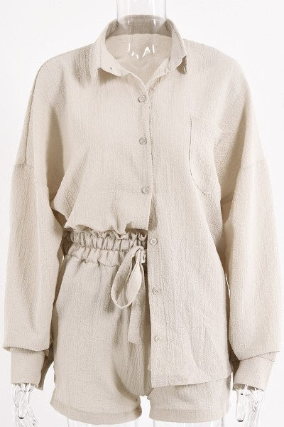 Miss Sparkling beige relaxed fit button down shorts set with long sleeve top and elastic waist shorts