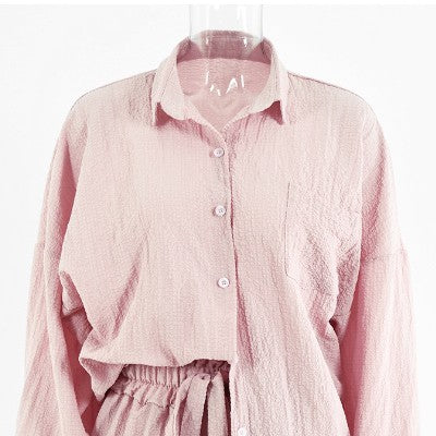Miss Sparkling relaxed fit button down shorts set in light pink with long sleeves and elastic waist