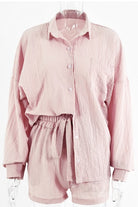 Miss Sparkling relaxed fit button down shorts set in light pink with long sleeves and elastic waist