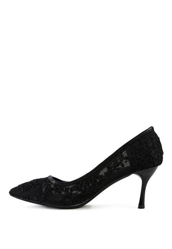 Elegant black reunion high heel shoes with floral lace design for sophisticated looks