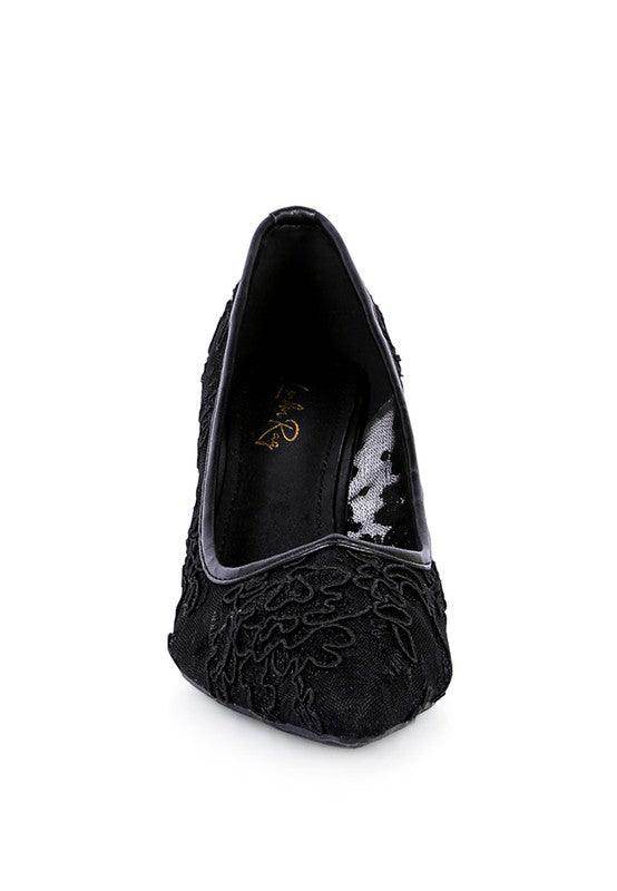 Elegant black Rag Company reunion high heel shoes with intricate floral embroidery for stylish occasions