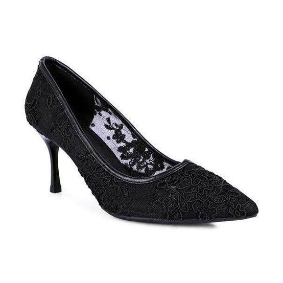 Elegant black reunion high heel shoes with floral lace detailing for special occasions