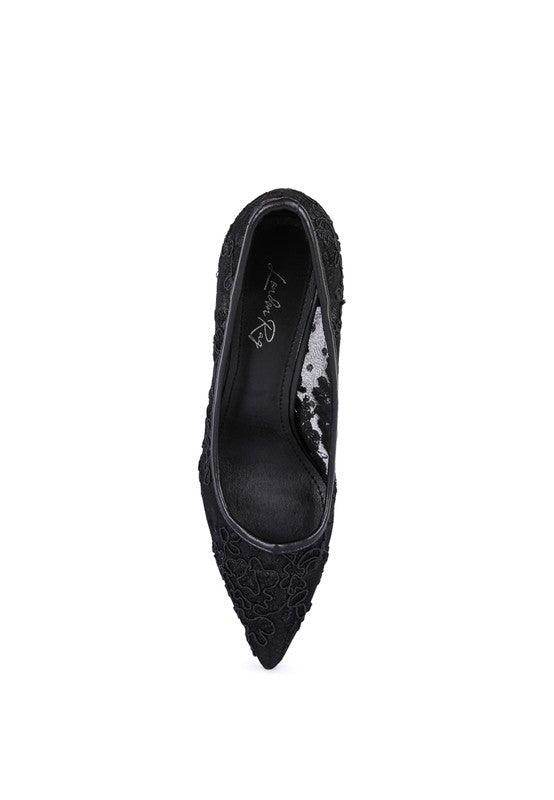 Elegant black reunion high heel shoes with intricate embroidery for stylish women